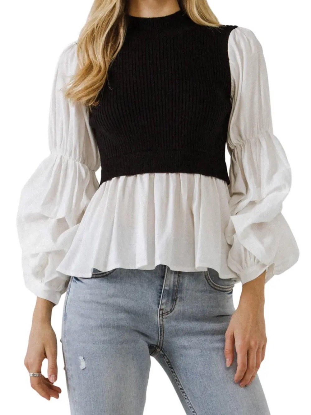 English Factory Black Knit Layered Peplum Blouse with White Puff Sleeves